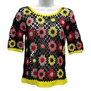 Zara Open Knit Crochet Floral Short Sleeve Cotton Top Boho Festival Womens S